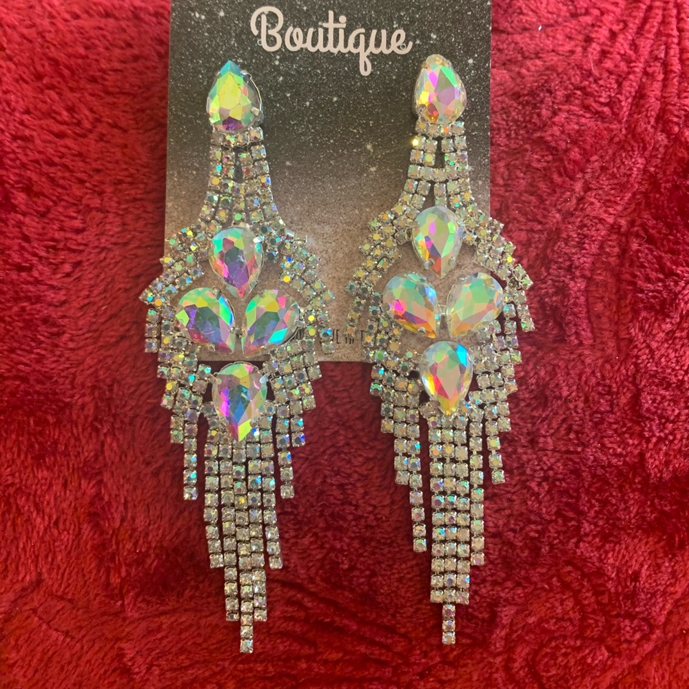 AB Fringe Earrings Silvertone Pierced